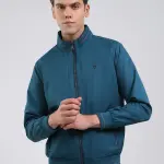 Men Teal Blue Solid Stand Collar Full Sleeve Jacket
