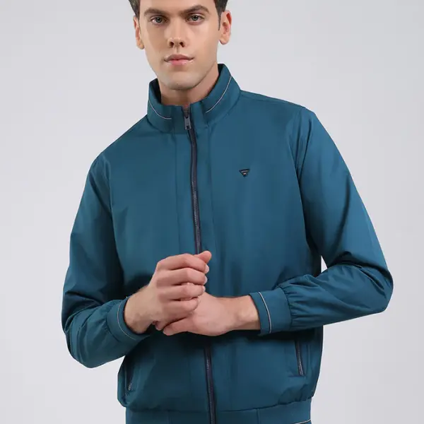 Men Teal Blue Solid Stand Collar Full Sleeve Jacket