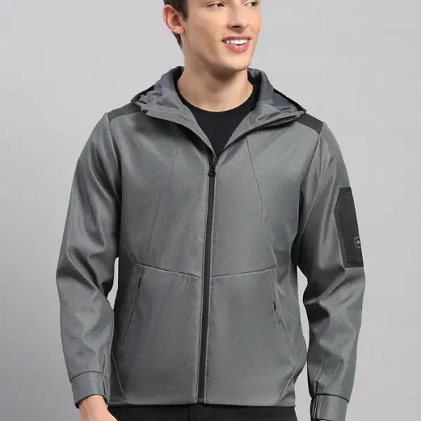 Men Grey Solid Hooded Full Sleeve Jacket