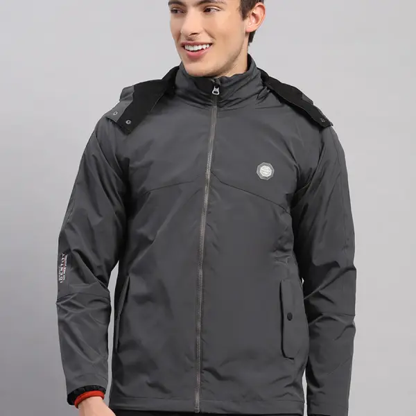 Men Grey Solid Hooded Full Sleeve Jacket