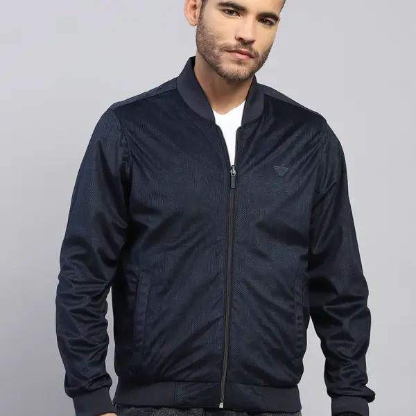 Men Navy Blue Solid Collar Full Sleeve Reversible Jacket