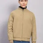 Men Khaki Solid Collar Full Sleeve Jacket