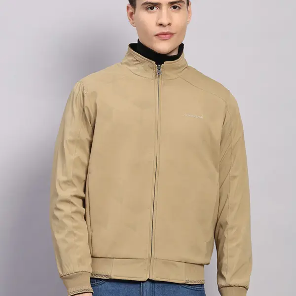 Men Khaki Solid Collar Full Sleeve Jacket