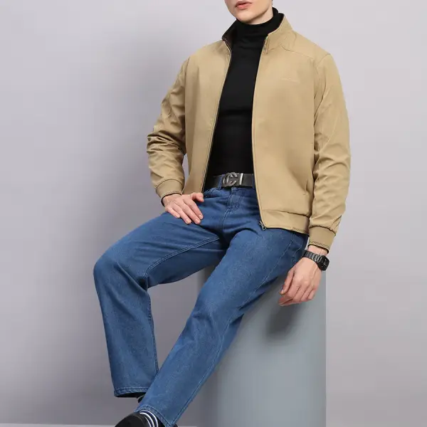 Men Khaki Solid Collar Full Sleeve Jacket