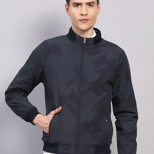 Men Navy Blue Solid Collar Full Sleeve Jacket