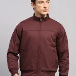 Men Burgundy Solid Collar Full Sleeve Jacket