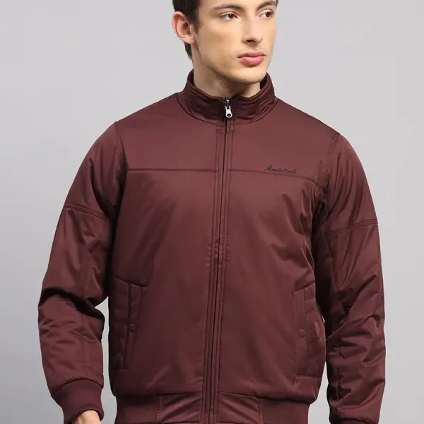 Men Burgundy Solid Collar Full Sleeve Jacket