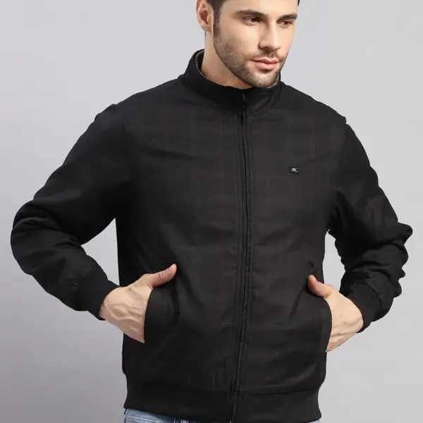 Men Black Solid Collar Full Sleeve Reversible Jacket