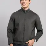Men Brown Solid Stand Collar Full Sleeve Jacket