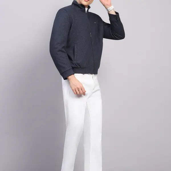 Men Blue Printed Mock Neck Full Sleeve Jacket