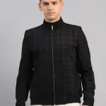 Men Navy Blue Check Mandarin Neck Full Sleeve Jacket