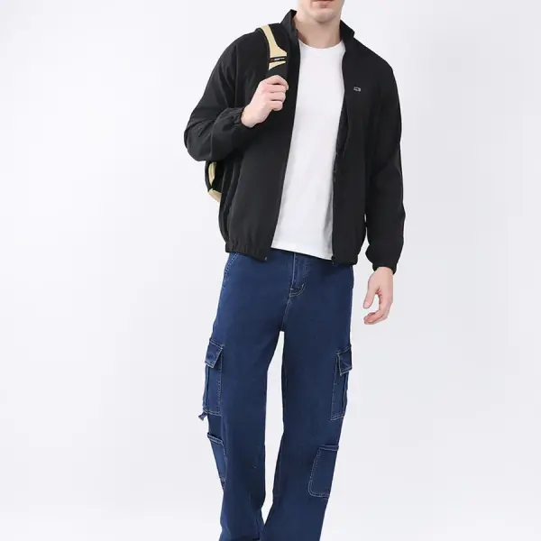 Men Black Printed Collar Full Sleeve Jacket