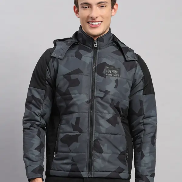 Men Black Printed Hooded Full Sleeve Jacket