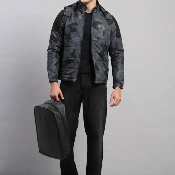 Men Black Printed Hooded Full Sleeve Jacket