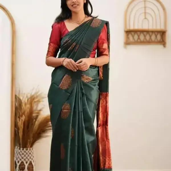  Green Red Floral Print Banarasi Cotton Silk Saree