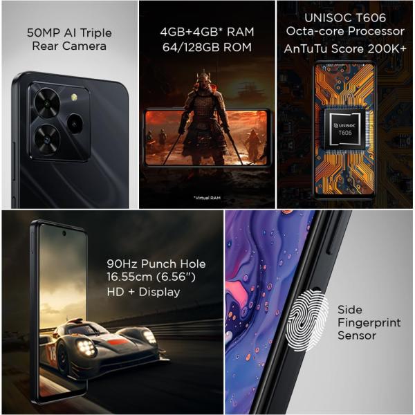 Lava O3 Pro (Glossy Black, 4 GB RAM, 128 GB Storage)| Bigger 6.56" HD+ Display | 50 MP AI Triple Rear Camera | 8 MP Front Camera| 5000 mAh Battery | 10W...