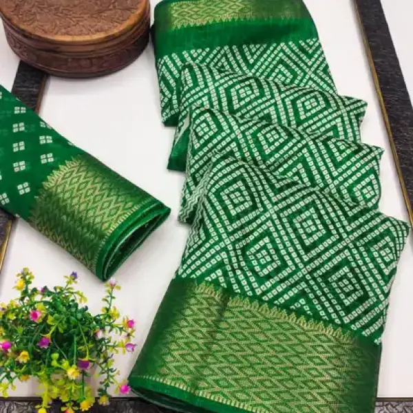 Bandhani Cotton Silk Saree (Green)