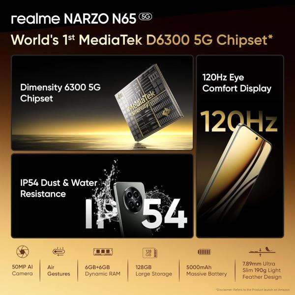 realme NARZO N65 5G (Amber Gold 8GB RAM, 128GB Storage) India's 1st D6300 5G Chipset | Ultra Slim Design | 120Hz Eye Comfort Display | 50MP AI Camera| Charger in The Box