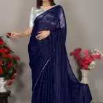 Silk Blend Navy Blue Striped Saree