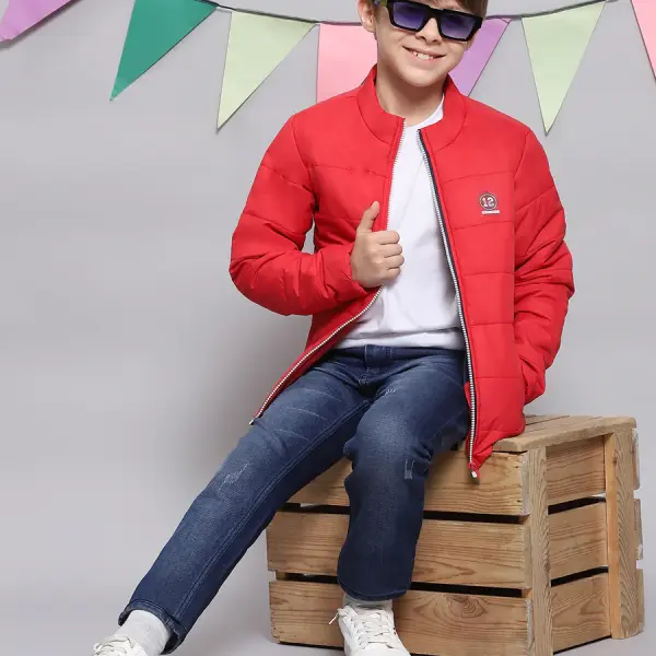 Boys Red Solid Stand Collar Full Sleeve Boys Jacket