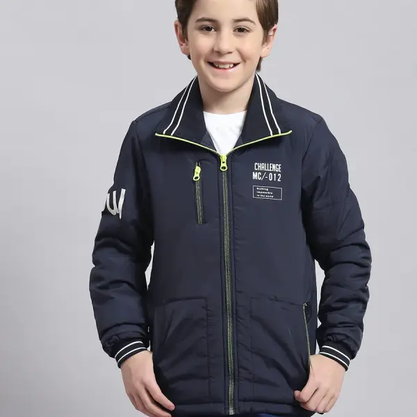 Boys Navy Blue Printed Collar Full Sleeve Boys Jacket