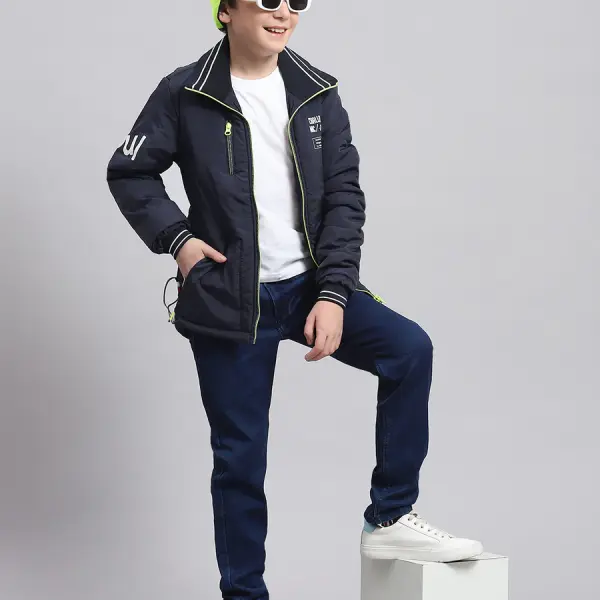 Boys Navy Blue Printed Collar Full Sleeve Boys Jacket