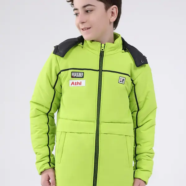 Boys Green Solid Hooded Full Sleeve Jacket