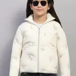 Girls Off White Embroidered Collar Full Sleeve Jacket