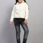 Girls Off White Embroidered Collar Full Sleeve Jacket