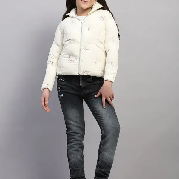 Girls Off White Embroidered Collar Full Sleeve Jacket