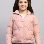 Girls Peach Embroidered Collar Full Sleeve Jacket