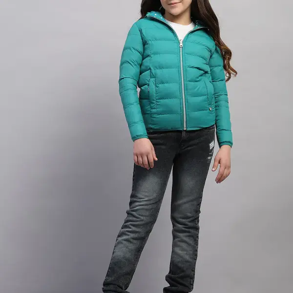 Girls Green Solid Hooded Full Sleeve Reversible Jacket