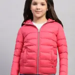 Girls Pink Solid Hooded Full Sleeve Reversible Jacket