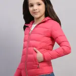 Girls Pink Solid Hooded Full Sleeve Reversible Jacket