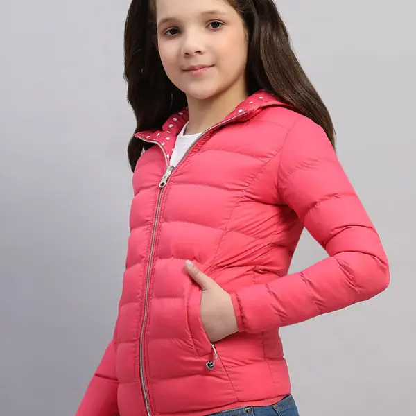 Girls Pink Solid Hooded Full Sleeve Reversible Jacket