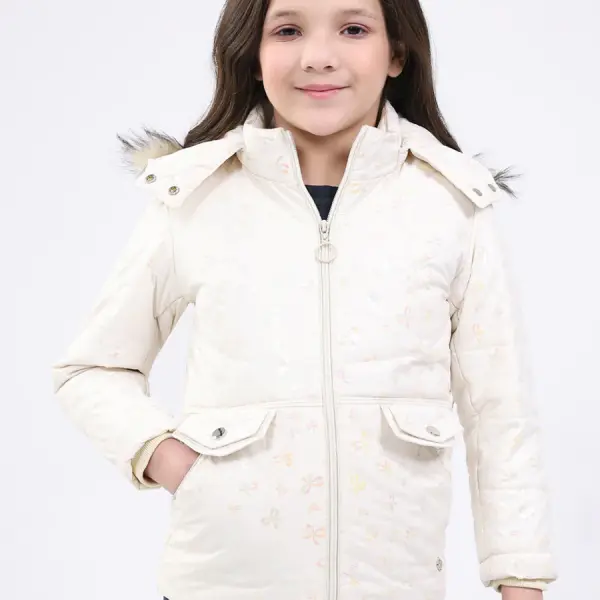 Girls Beige Printed Hooded Full Sleeve Jacket