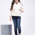 Girls Beige Printed Hooded Full Sleeve Jacket