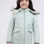 Girls Green Printed Hooded Full Sleeve Jacket
