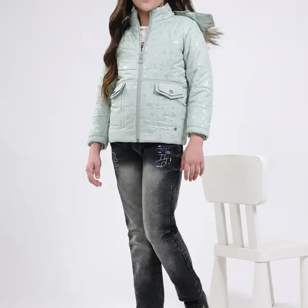Girls Green Printed Hooded Full Sleeve Jacket
