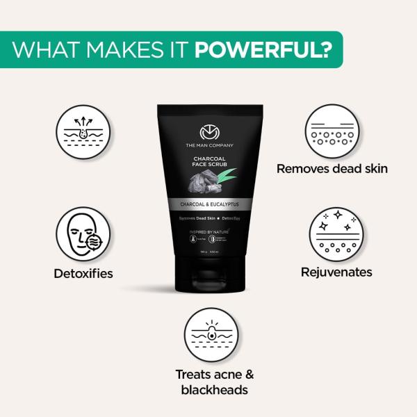 The Man Company Charcoal Tan Removal Face Scrub for Glowing Skin | Anti Acne, Blackhead Remover for Oily Skin