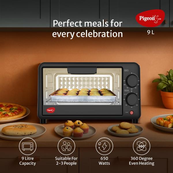 Pigeon Oven Toaster Grill (12381) 9 Liters OTG Without Rotisserie for Oven Toaster and Grill for Grilling and Baking Cakes (Grey)