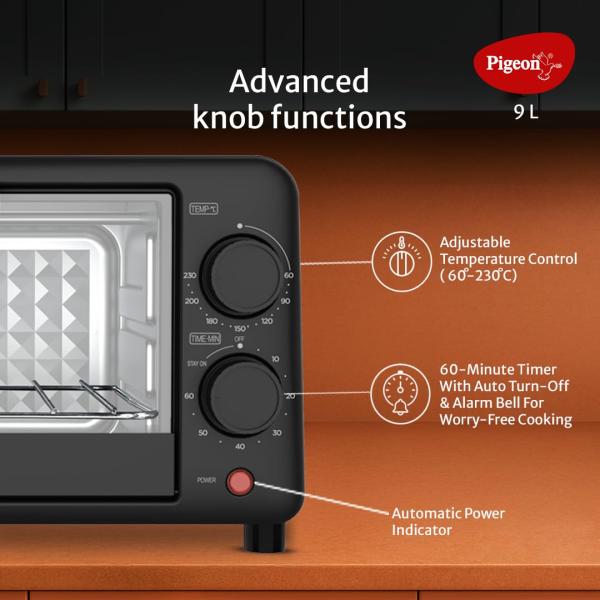 Pigeon Oven Toaster Grill (12381) 9 Liters OTG Without Rotisserie for Oven Toaster and Grill for Grilling and Baking Cakes (Grey)