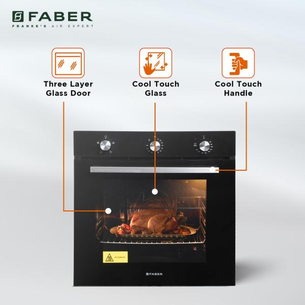 Faber 80L Black Finish Built-In Oven Push/Pull Knob Control with Digital Display 4 Cooking Functions with Grill Rack Universal Pan FBIO 4F BK with 1Yr Comprehensive Warranty