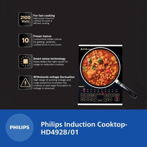 Philips Viva Collection HD4928/01 2100-Watt Induction Cooktop, Soft Touch Button with Crystal Glass (Black)