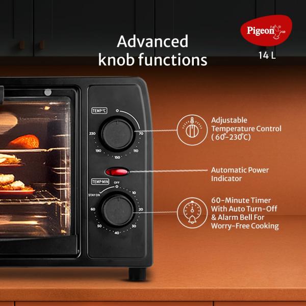 Pigeon Oven Toaster Grill 14 Liters OTG| 900 Watts| Toast, Grill, Bake & Roast | Heat Resistant Tempered Glass| Black