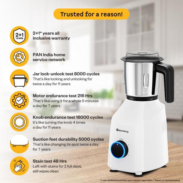 Atomberg Yulia 750 Watt Mixer Grinder | 4 Multipurpose Jars including Chopper Jar | Coarse Mode for Silbatta-like Textures | Powerful Intelligent Motor | Advanced Safety Features | Snow White