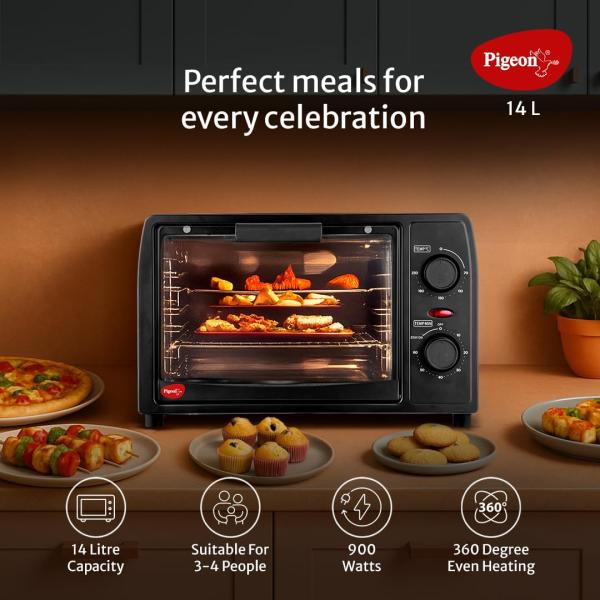 Pigeon Oven Toaster Grill 14 Liters OTG| 900 Watts| Toast, Grill, Bake & Roast | Heat Resistant Tempered Glass| Black