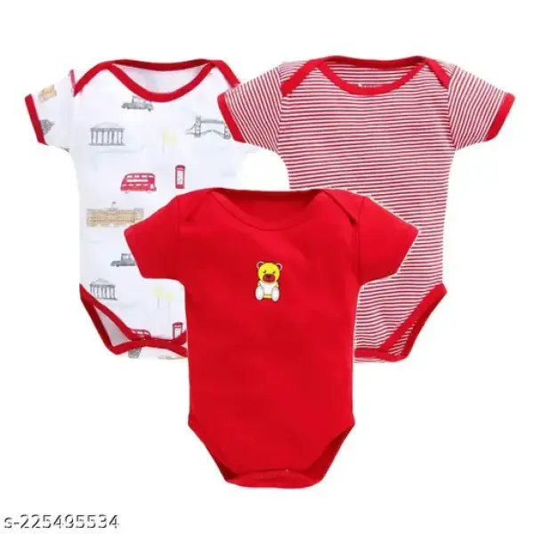 00% Cotton Baby Bodysuit Short Sleeve Half Romper Pack of 3 Soft & Comfortable for Kids Red