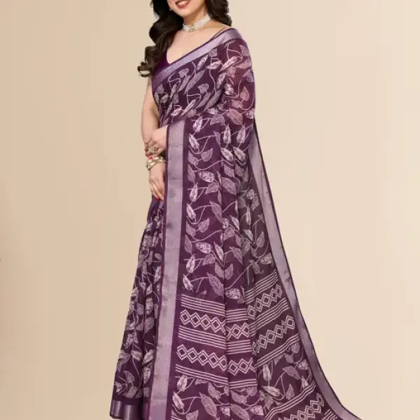Women Silver Jari Border Linen Printed Saree