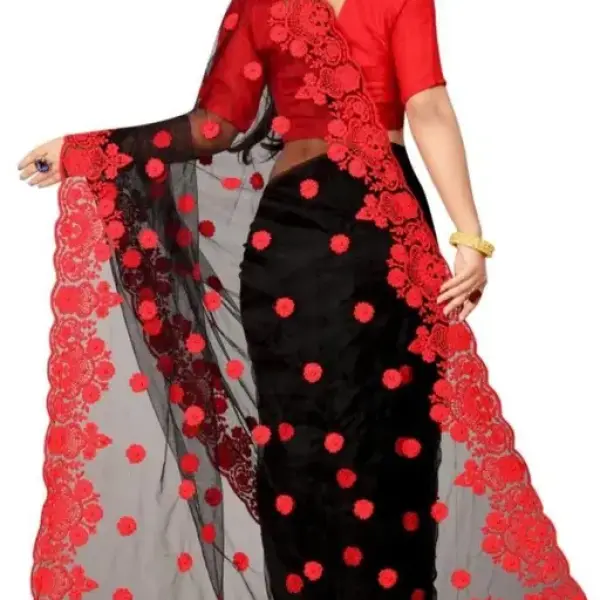 Stylish Net Embroidered Saree with Blouse piece